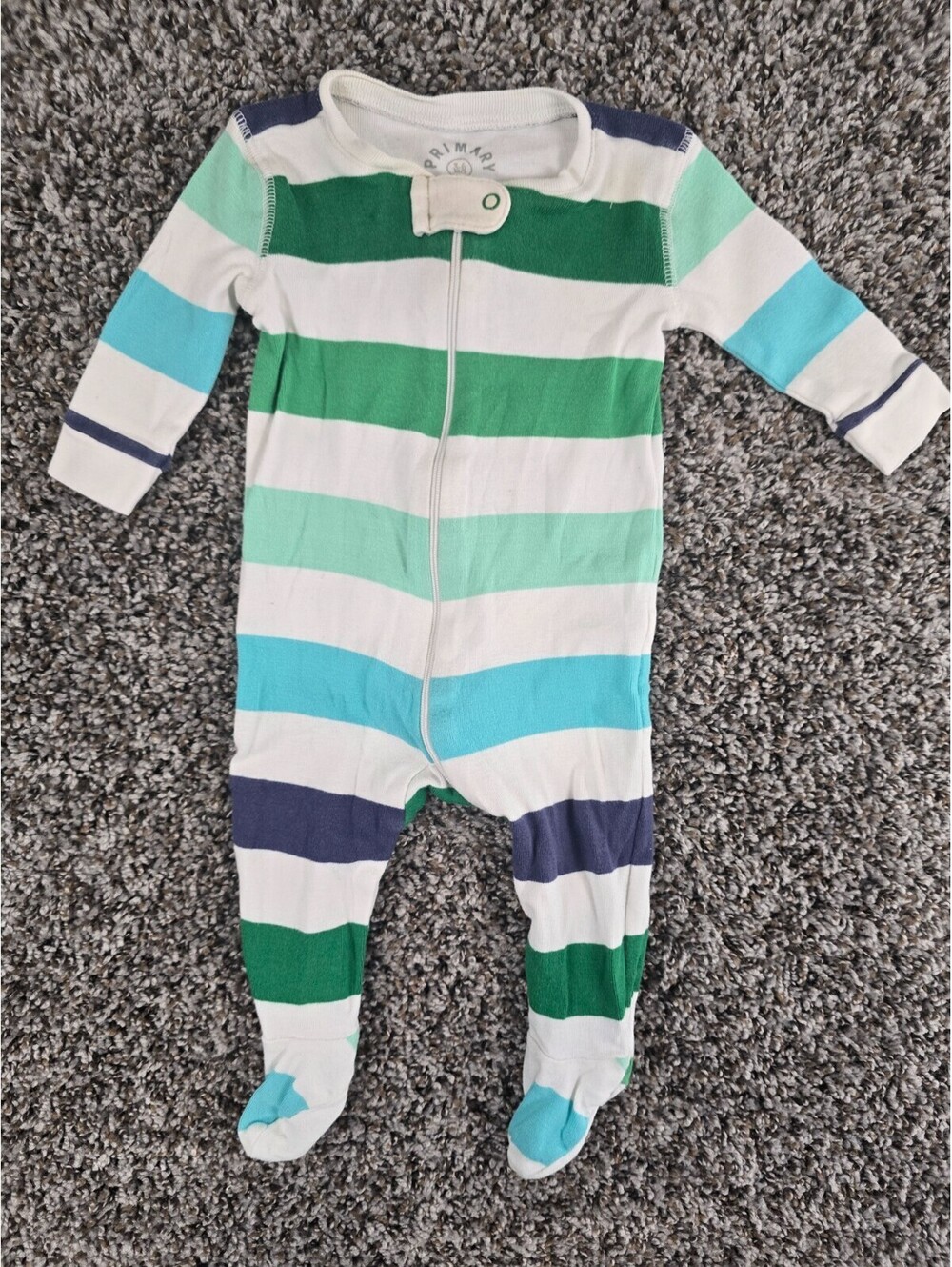Primary Organic Cotton Sleepsuit in a multi-stripe green and navy pattern 3-6M
